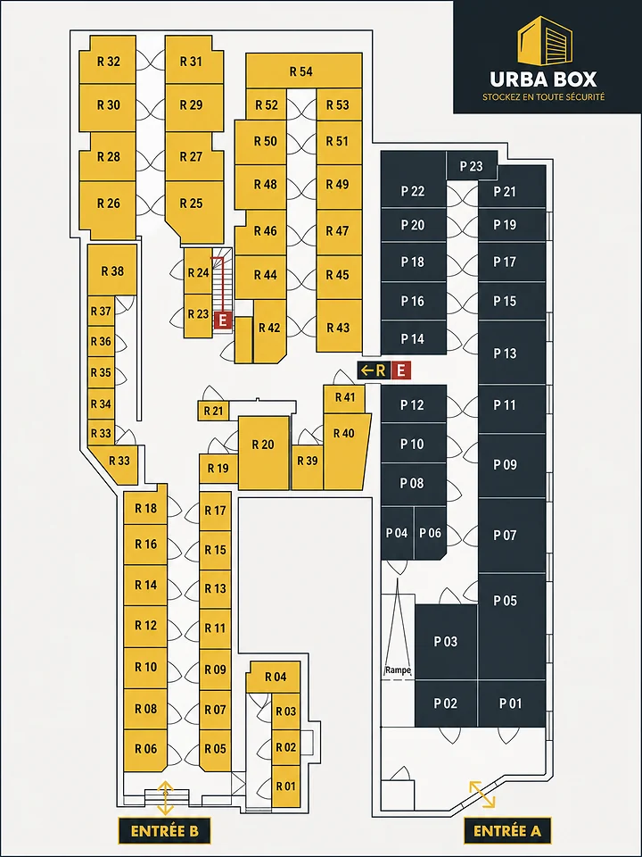 Plan du rez-de-chaussée Urbabox : 22 boxes Premium en jaune et 54 boxes Eco en beige, deux entrées sécurisées A et B sur la Place Alphonse Planel.